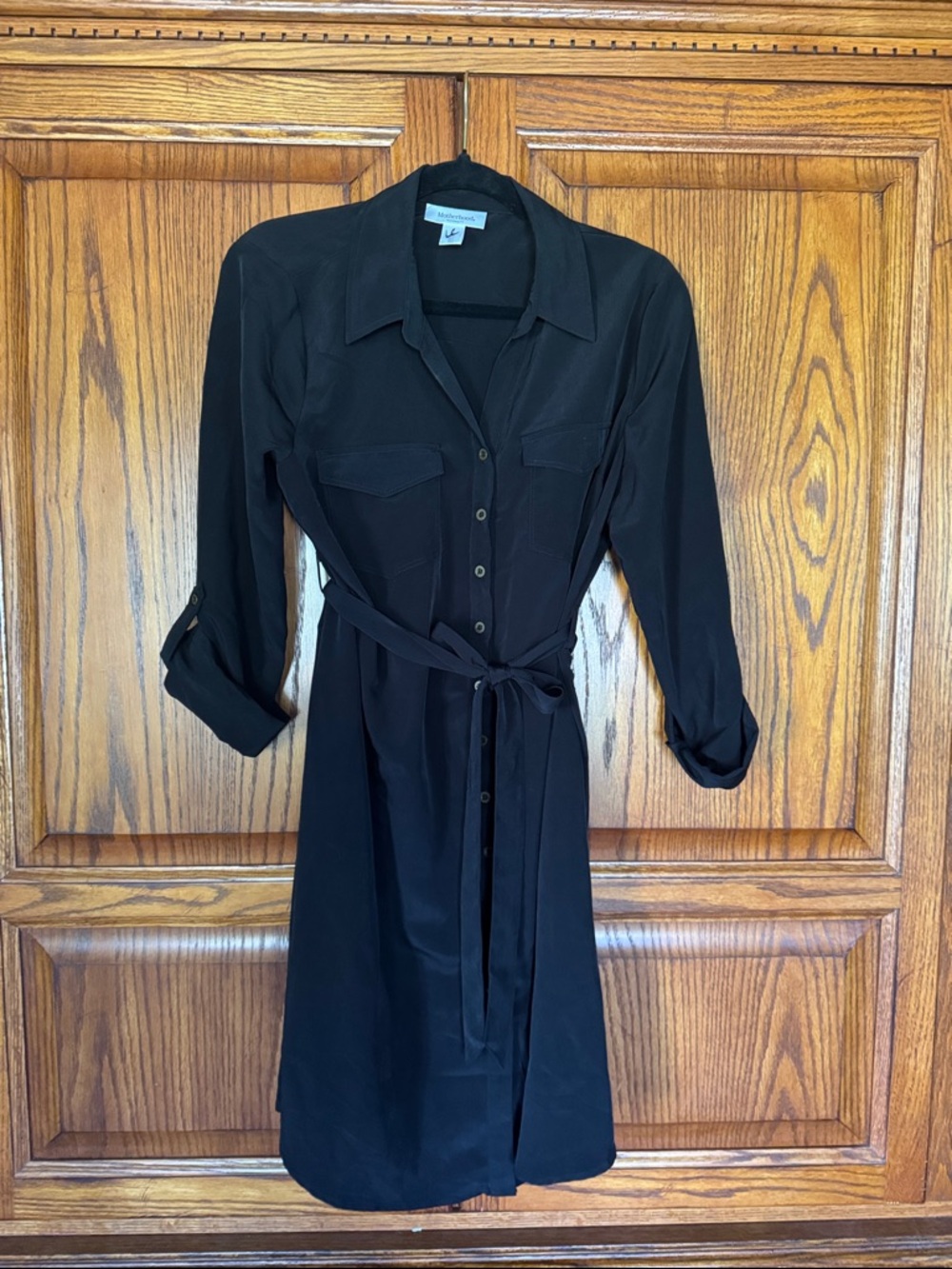 Motherhood Maternity Black Long-Sleeve Button-Down Dress with Tie Waist